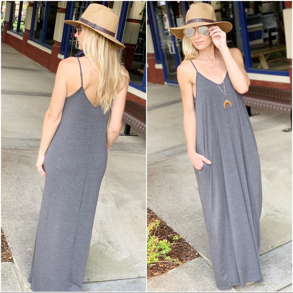 ✨LAST ONE✨ Gray V Neck Cami Maxi Dress w/ Pockets - Picture 2 of 2